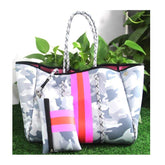 Women's Neoprene Waterproof Tote Bag Camouflage Shoulder Handbag Dual Handles Ladies' Fashion Beach Bag Flowers