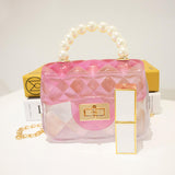 Mini Small Kid Jelly Bag Purse and Handbag for Kids Clear Jelly Handbag Rainbow with Pearl Candy PVC Women Cover Fashion