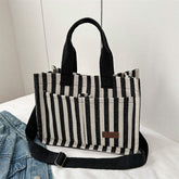 Women's Large-Capacity Handheld Tote Bag Striped Canvas Crossbody Popular for Commuting and Shopping
