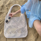 Tote Bag Women's Cross-Border Hollow Weaving Lazy Style Solid Color Pattern Polyester Lining for Shopping