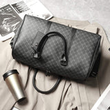 PU Travel Bag Men Trendy Short Trip Business Travel Korean Style Geometric Handbag Shoulder Bag with Tag Tote Weekender Bag