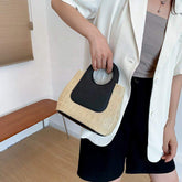 Summer Vintage Contrast Color Stitching Straw Woven Bag Large Capacity Hand Woven Bag Simple Fashion Handbag