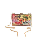 Letters Print Women Messengers Lock Shoulder Bag Small Chains Women Box Bag Female Graffiti Handbags Ladies Evening Party Clutch