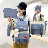 Korean Version Girls Backpack New Style Fashionable Canvas Large Capacity Five-Piece Set with Mesh for Middle School Students