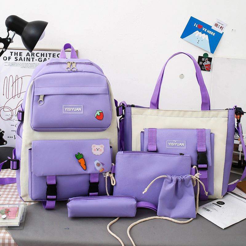 Korean Version Girls Backpack New Style Fashionable Canvas Large Capacity Five-Piece Set with Mesh for Middle School Students