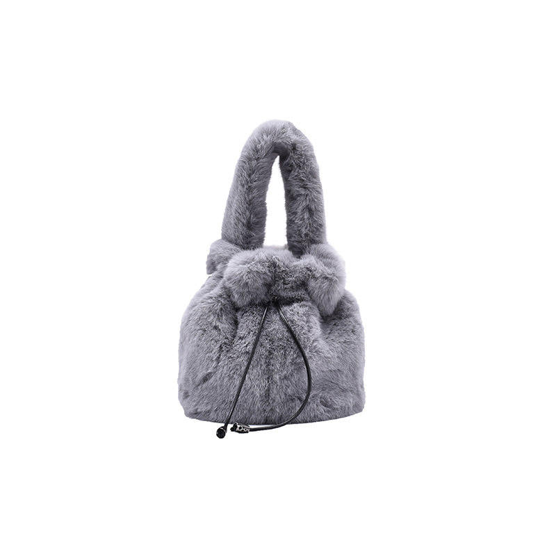 Ins Leisure Crossbody Mujer Bolsa Women Soft Faux Fur Mini Bucket Bag Drawstring Fall Winter Handbag Fluffy Plush Shoulder Purse