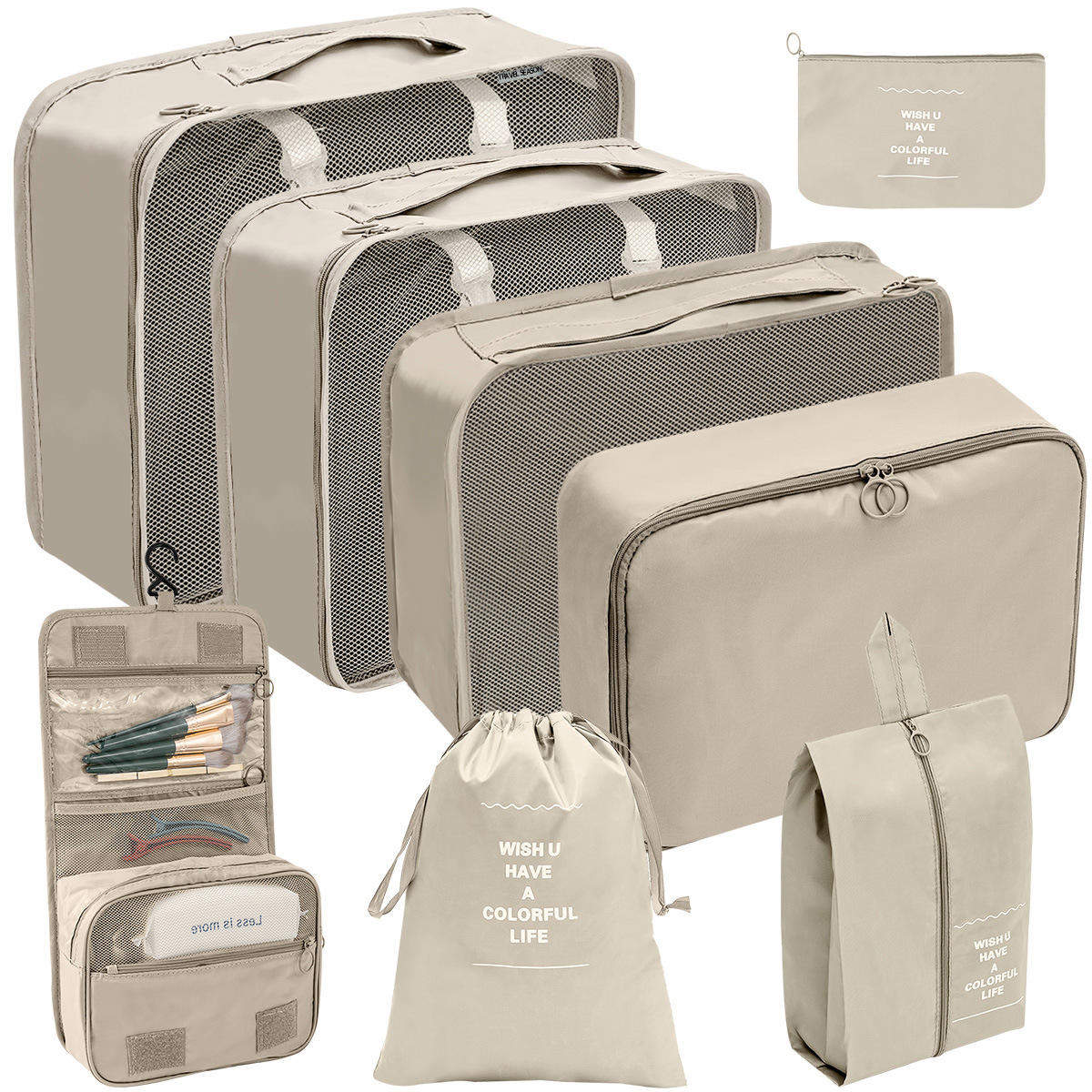 8-Piece Fashionable Polyester Travel Bag Set Wash Bag for Toiletries Cosmetics Clothing Shoes Luggage Storage