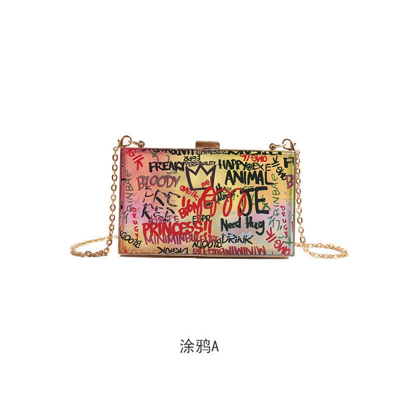 Letters Print Women Messengers Lock Shoulder Bag Small Chains Women Box Bag Female Graffiti Handbags Ladies Evening Party Clutch