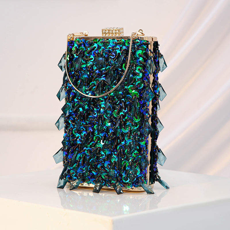 Women Luxury Designer Acrylic Beads Handle Shiny Crystal Bucket Purse Bridal Wedding Party Diamonds Tassel Evening Clutch Bag