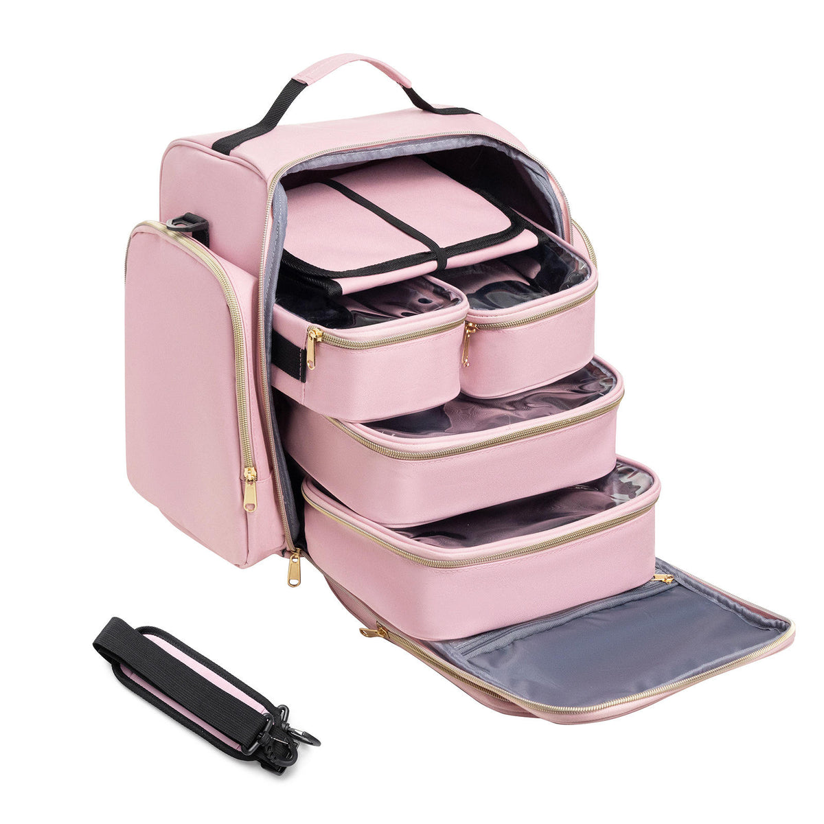 Travel Waterproof Cosmetic Storage Bag Zipper Closure 4 Detachable Boxes Jewelry Polyester Toiletry Makeup Case