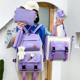 Korean Version Girls Backpack New Style Fashionable Canvas Large Capacity Five-Piece Set with Mesh for Middle School Students