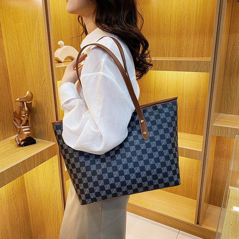 New Women's High-end City Dweller Tote Bag Student Large Capacity Zipper Shoulder Bag PU Polyester Lining Checkerboard Handbag