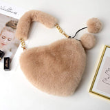 New Fashion Lovely Plush Heart-shaped Bag Female Plush Love Portable Chain Peach Heart Bag Tote Bag for Women