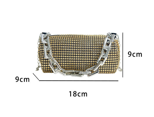 2026 New Arrival Women's Sparkly Rhinestone Cylinder Crossbody Bag with Oversized Thick Chain Handle & Detachable Strap