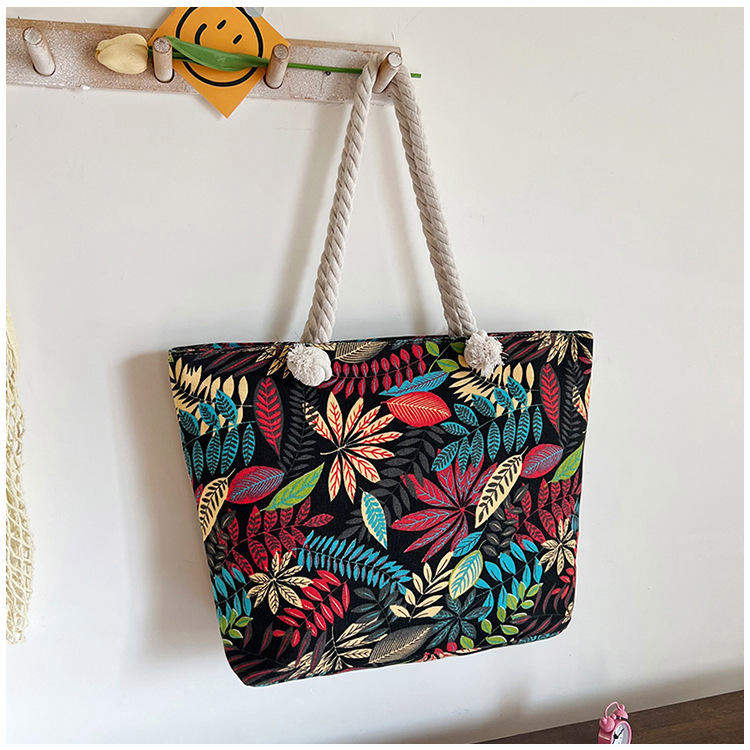 Women's New Ethnic Style Large Canvas Bag Casual Simple Hemp Rope Tote for Students Tutoring Fashionable Handbag Shoulder Bag