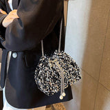 Women's Fashion Rhinestone Bucket Bag Handheld Chain Messenger Portable with Zipper Closure Personalized Design for Girls