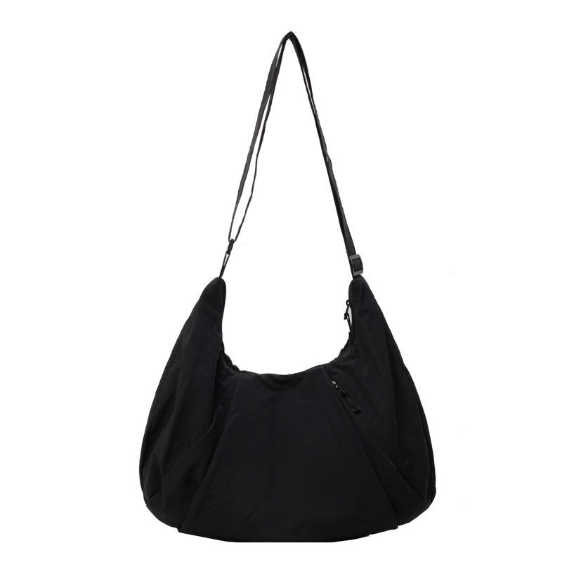 Japanese-Style Large Capacity Nylon Shoulder Bag for Women Pleated Crossbody Design Zipper Solid Color for Commuting Students