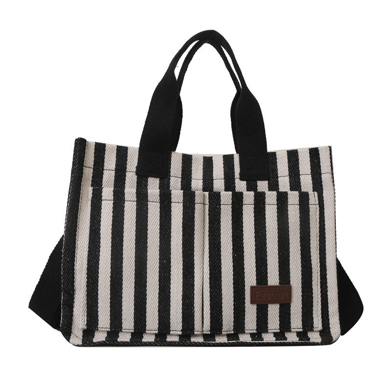 Women's Large-Capacity Handheld Tote Bag Striped Canvas Crossbody Popular for Commuting and Shopping