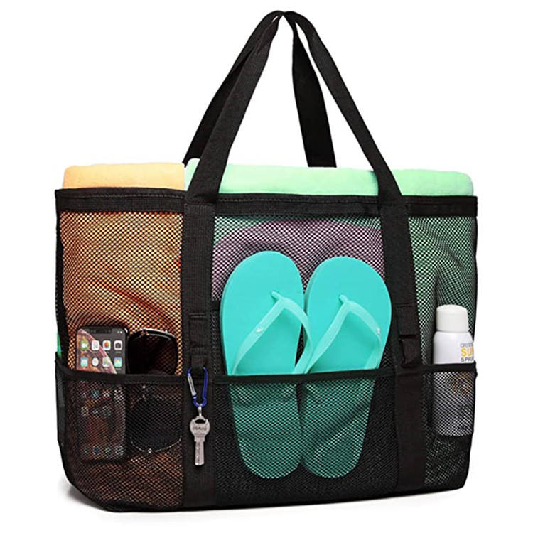 Mesh Beach Bag Toy Tote Bag Grocery Storage Net Bag Oversized Big with Pockets Foldable Lightweight for Family Pool