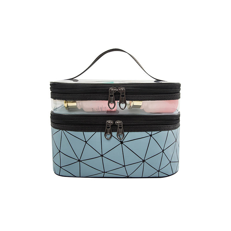 Large Capacity Double Layer Makeup Bag Diamond Pattern Trousse De Maquillage Zipper Closure Lady's Travel Toiletry Case