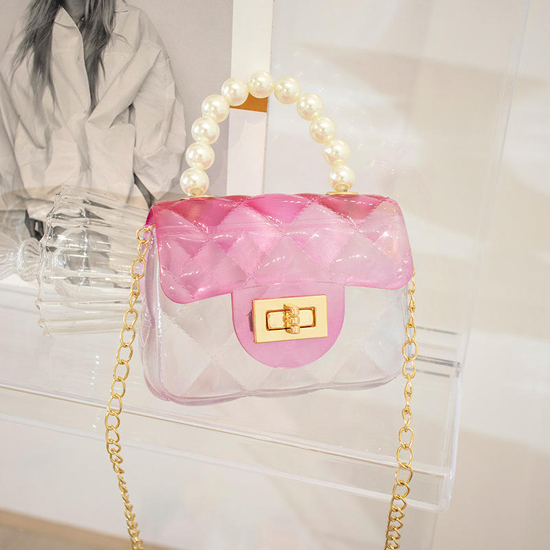 Mini Small Kid Jelly Bag Purse and Handbag for Kids Clear Jelly Handbag Rainbow with Pearl Candy PVC Women Cover Fashion
