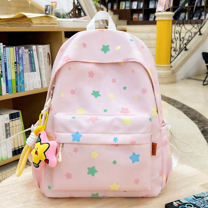 Preppy Style Oxford Backpack Unisex Middle School Ins Style Girly Heart Star Design Large Capacity Simple Versatile Students Bag