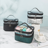 Large Capacity Double Layer Makeup Bag Diamond Pattern Trousse De Maquillage Zipper Closure Lady's Travel Toiletry Case