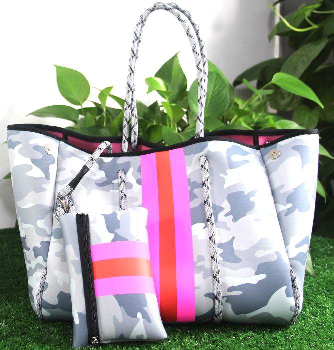 Women's Neoprene Waterproof Tote Bag Camouflage Shoulder Handbag Dual Handles Ladies' Fashion Beach Bag Flowers