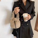 Ins Leisure Crossbody Mujer Bolsa Women Soft Faux Fur Mini Bucket Bag Drawstring Fall Winter Handbag Fluffy Plush Shoulder Purse