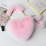 New Fashion Lovely Plush Heart-shaped Bag Female Plush Love Portable Chain Peach Heart Bag Tote Bag for Women
