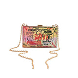 Letters Print Women Messengers Lock Shoulder Bag Small Chains Women Box Bag Female Graffiti Handbags Ladies Evening Party Clutch