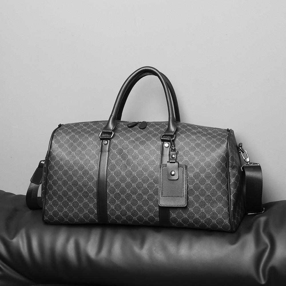 PU Travel Bag Men Trendy Short Trip Business Travel Korean Style Geometric Handbag Shoulder Bag with Tag Tote Weekender Bag