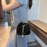Women's Fashion Rhinestone Bucket Bag Handheld Chain Messenger Portable with Zipper Closure Personalized Design for Girls
